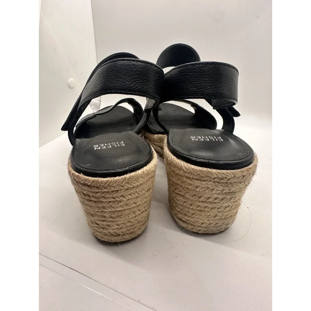 Eileen Fisher Winnie Black Leather Espadrille Wedge Platform Sandals Size 9‎
